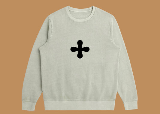 Light gray sweatshirt with a black symbol on a white background