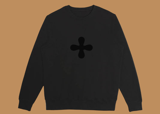 Black sweatshirt with a black symbol on a white background