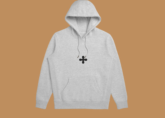 Gray hoodie with a black logo on a white background