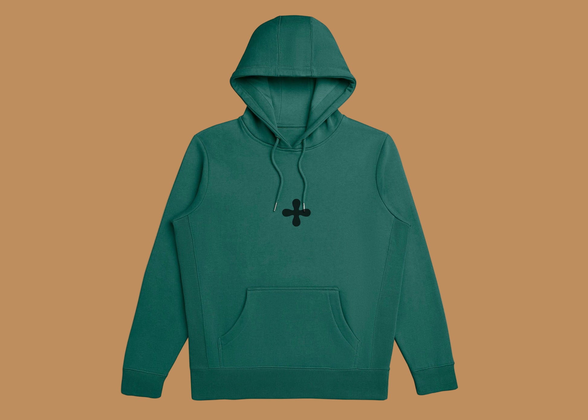 Green hoodie with a black logo on a white background