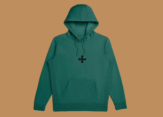 Green hoodie with a black logo on a white background