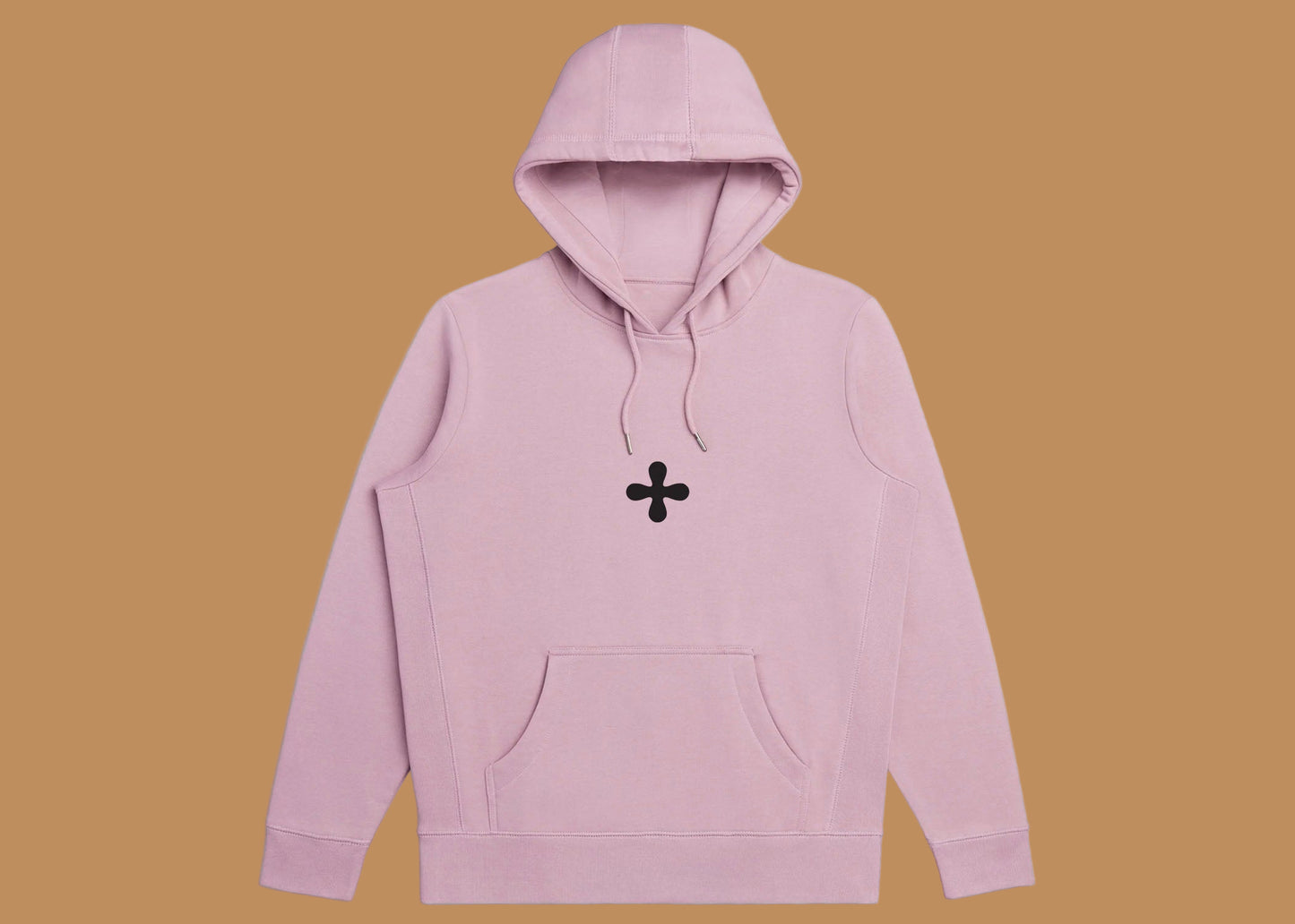 Pink hoodie with a black symbol on a white background