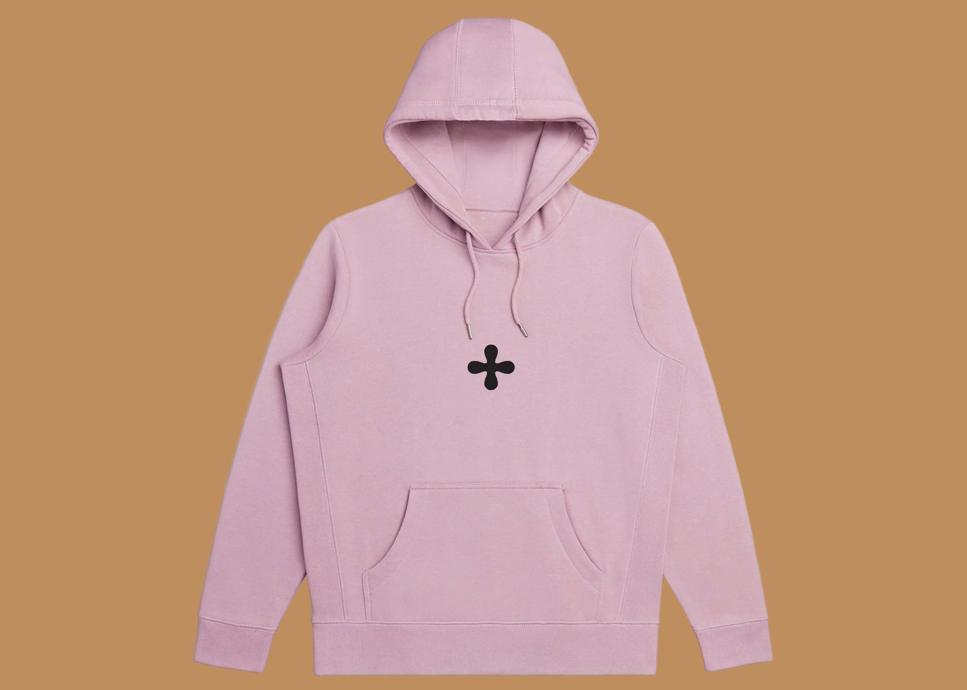 Pink hoodie with a black symbol on a white background