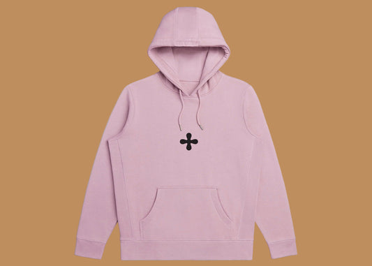 Pink hoodie with a black symbol on a white background