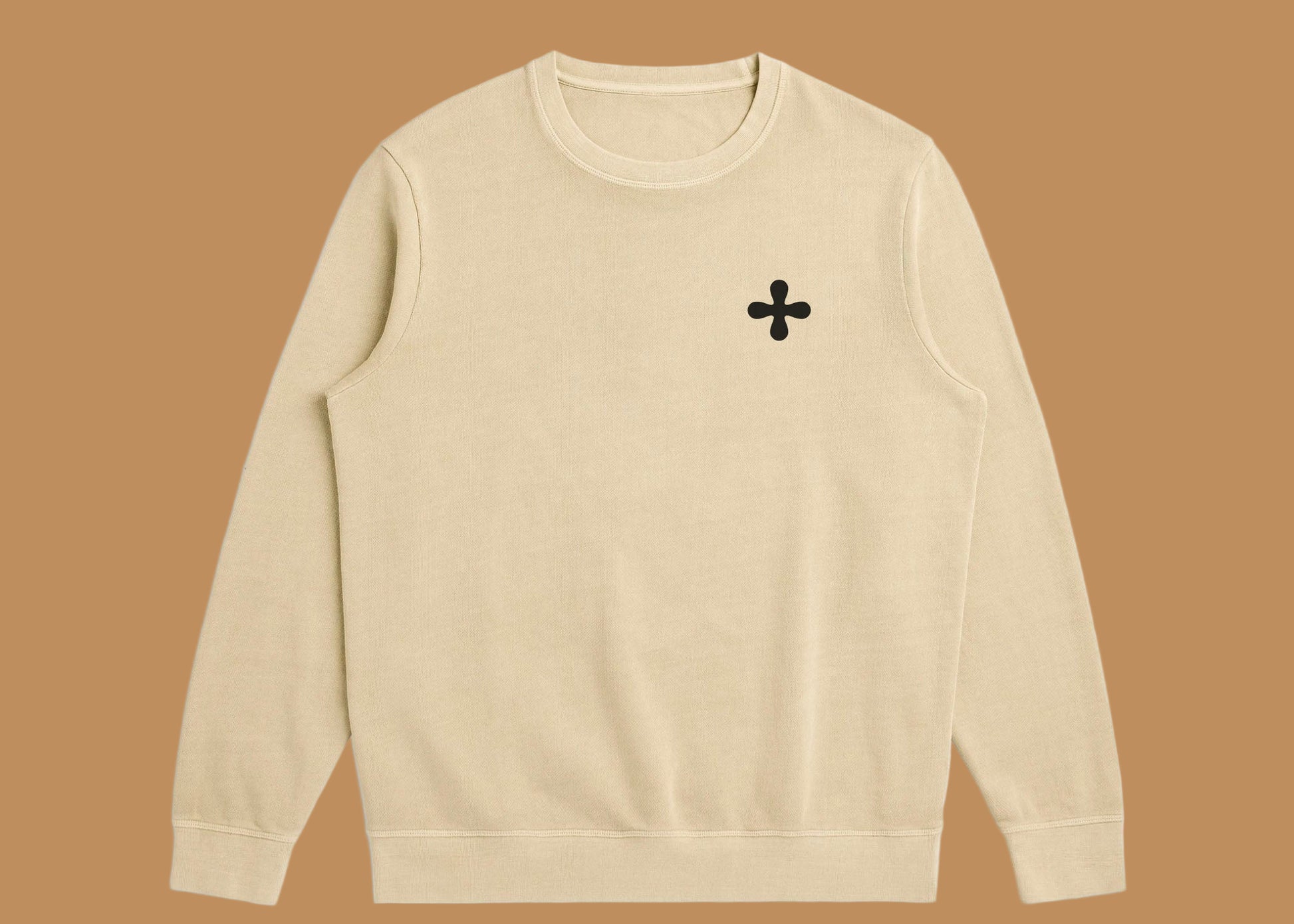 Beige sweatshirt with a black logo on a white background