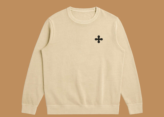 Beige sweatshirt with a black logo on a white background